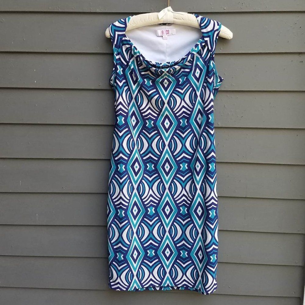 9 & Co Blue White  Geo Print Dress Size 8
